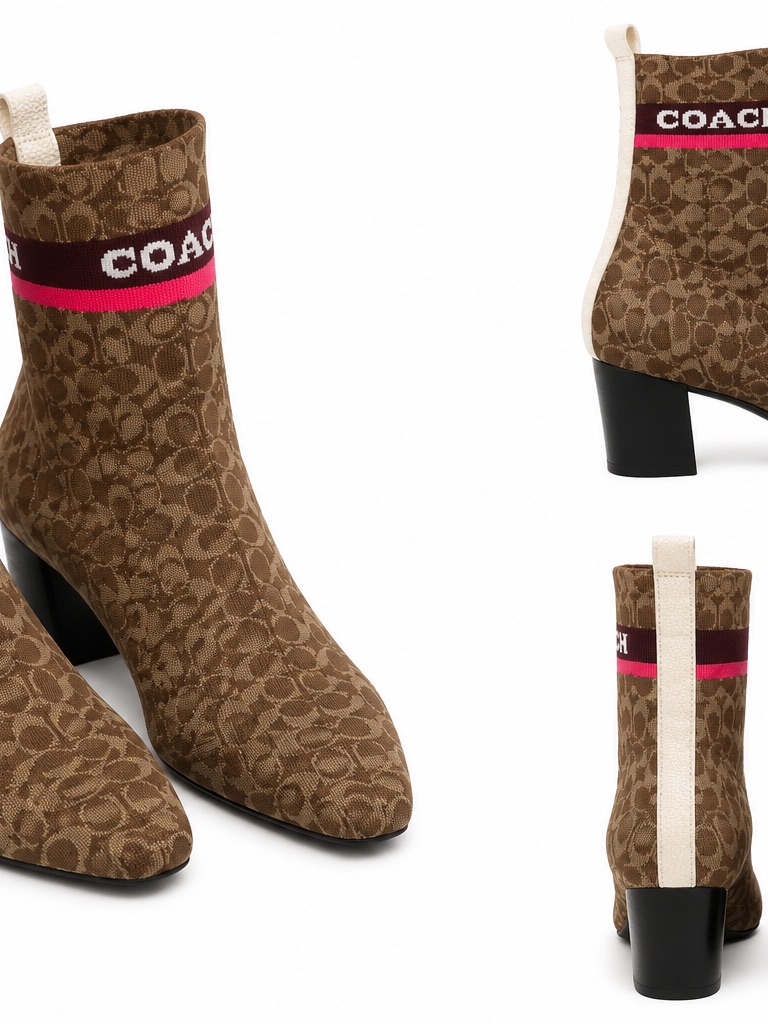 Coach Brown Monogram Ankle Boots With Pink Accent